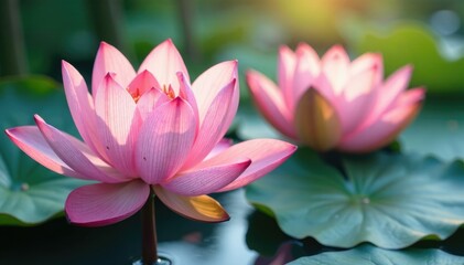 Obraz premium Delicate petals unfolding in soft pink hues amidst water lily blooms, pastel, nature, watercolor
