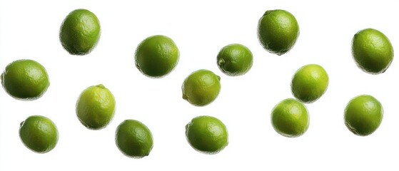 A collection of fresh green limes scattered on a white background.