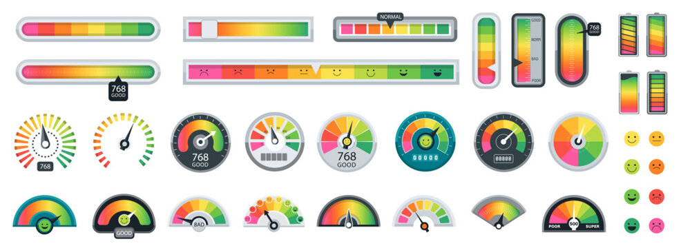 Speedometer scale set. Meter level score measure vector set