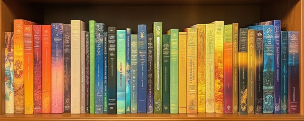 Colorful bookshelf with assorted hardcover books in a wooden library
