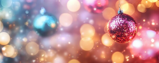 Fototapeta premium Colorful christmas ornaments hanging with festive bokeh background
