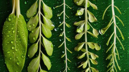 Variety of green herbs with water droplets on glossy surfaces arranged vertically against a dark green background showcasing natural freshness and vitality
