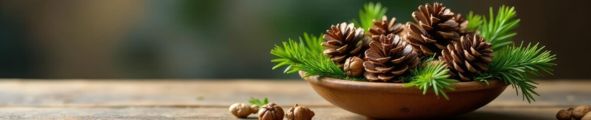 Fresh greenery and pinecones in a decorative bowl on a table, decoration, pinecone