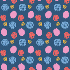 Polka dots abstract seamless pattern crayon drawn. Circular spots allover background. Round brush blobs repeat cover. Scribble oval elements marker draw. Vector surface design festive motif.