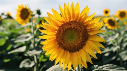 Vibrant sunflower in full bloom positioned centrally with radiating yellow petals against a backdrop of lush green leaves under a clear sky.