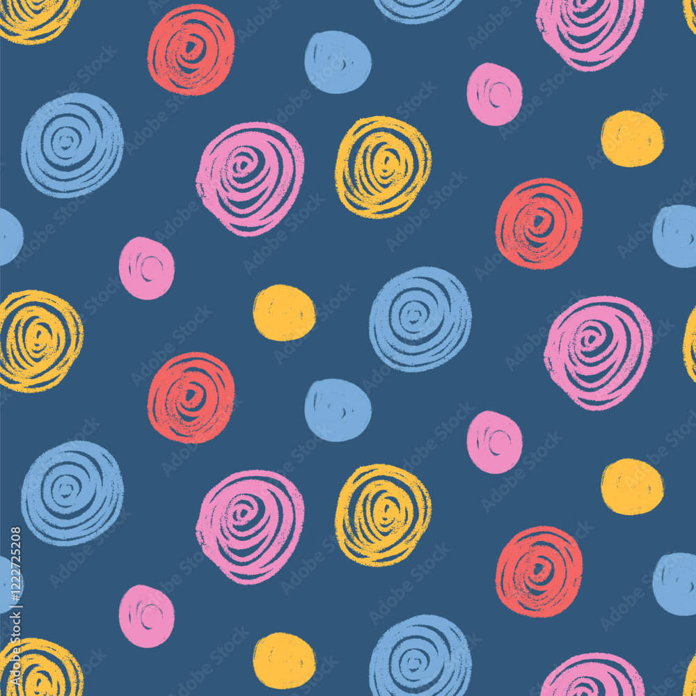 Poster polka dots abstract seamless pattern crayon drawn. circular spots allover background. round brush bl