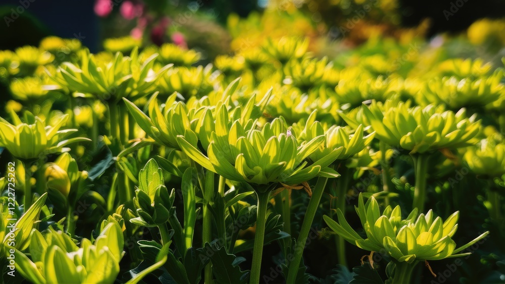 Canvas Prints Vibrant green Chrysanthemum leaves illuminated by sunlight in a garden, with soft-focus colorful blooms in the background creating a serene atmosphere.