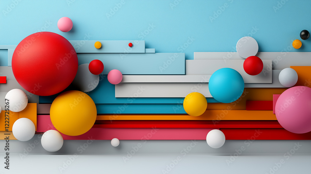 Poster colorful geometric shapes and patterns create a dynamic visual composition with varying sizes and ar