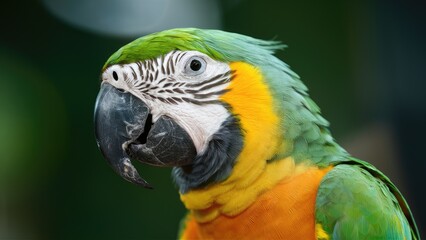 Vibrant closeup of a colorful parrot with green and yellow feathers, showcasing intricate patterns on its head against a blurred green background.