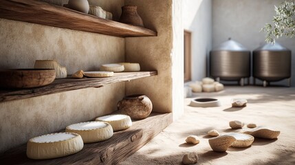 Sunlit artisan cheesemaking workshop;  outdoor storage;  rustic shelves