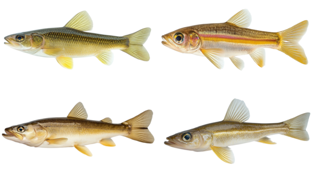 Four Species of Freshwater Fish: A detailed studio shot showcasing four distinct species of freshwater fish, each presented in profile against a clean backdrop, highlighting their unique colors.