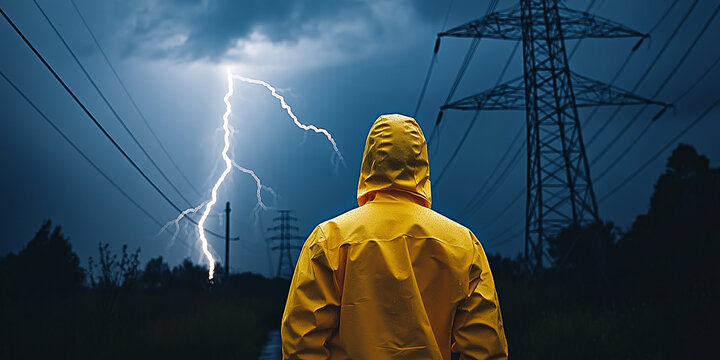 Worker in Yellow Raincoat Observing Lightning Striking Electricity Tower Under Dark Stormy Sky at Night