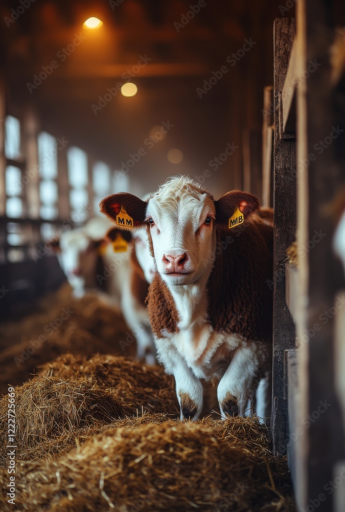Poster brown and white cow in rustic barn setting surrounded by hay with soft natural lighting creating a w