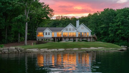 Obraz premium Lakeside home with large windows reflecting sunset hues of pink and orange over calm water, surrounded by lush green trees and rock formations.