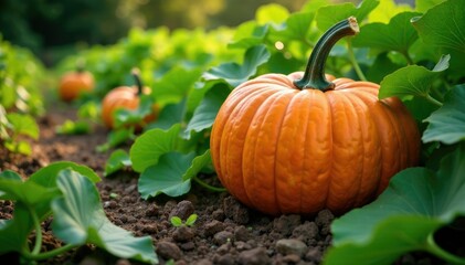 Obraz premium Giant orange pumpkin in a patch of vines with other pumpkins nearby, vines, pumpkin