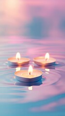 Floating tea light candles in a heart formation on calm pastel-colored water. .