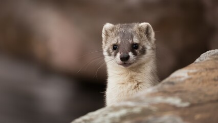 Fototapeta premium Weasel in winter coat peering from behind a rock with soft blurred background highlighting its features and earthy color tones in focus