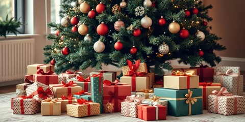Gift boxes and presents scattered under a large Christmas tree, pinecones, sparkling decorations