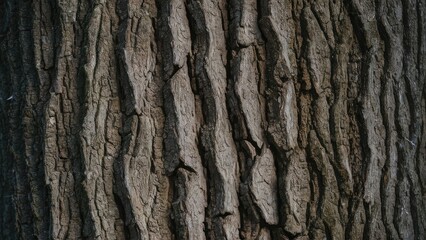 Obraz premium Closeup of dark brown tree bark texture displaying deep grooves and intricate patterns with natural light highlighting the rough surface