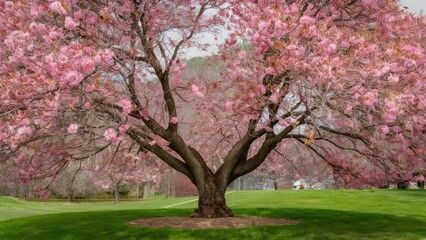 Obraz premium Blooming double cherry tree in spring with vibrant pink flowers, wide trunk, green grass below, and a serene landscape in the background.