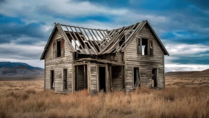 Abandoned wooden house with a damaged roof at sunset surrounded by dry grass under a cloudy blue sky highlighting neglect and desolation.