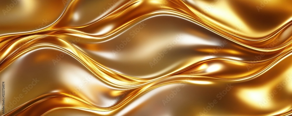 Poster abstract shiny golden waves reflecting light with smooth metallic texture