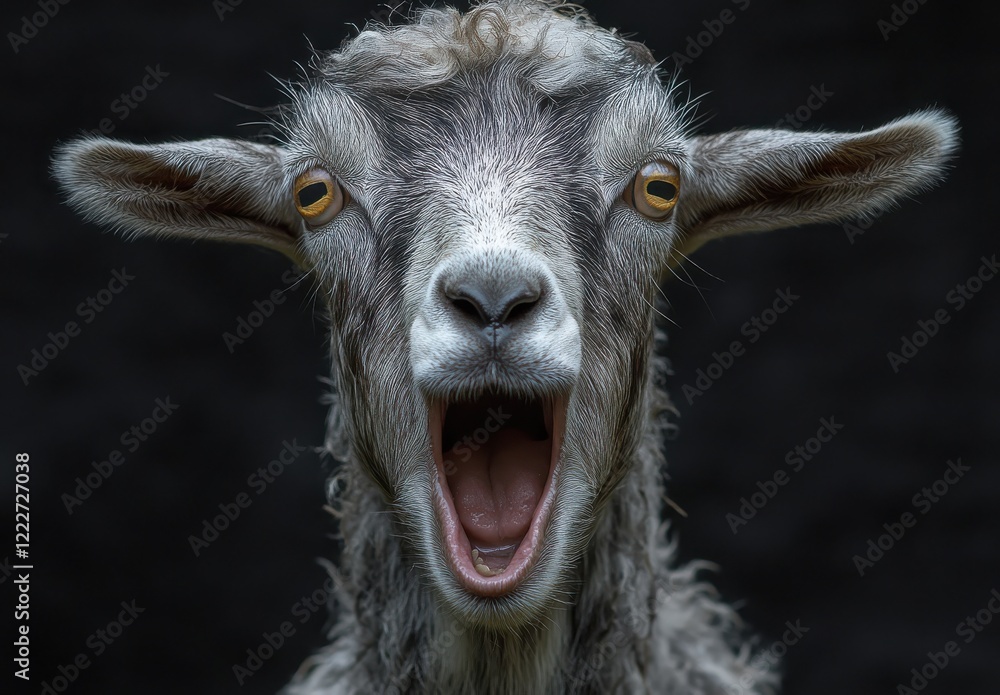 Poster captivating close-up of a goat with an open mouth expressing emotion and character in a dark backgro
