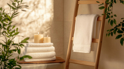 Wooden ladder with white towels on it and candles on top