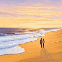 Fototapeta premium romantic sunset beach scene, gentle waves, golden sand, couple walking hand in hand, warm 