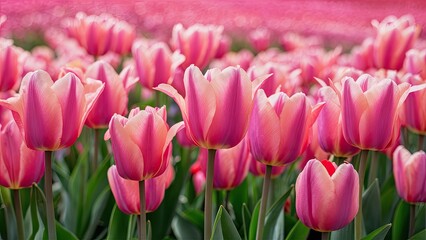 Obraz premium Vibrant pink tulip flowers in a lush green field with blurred blooms creating a soft background, showcasing spring beauty and color diversity.