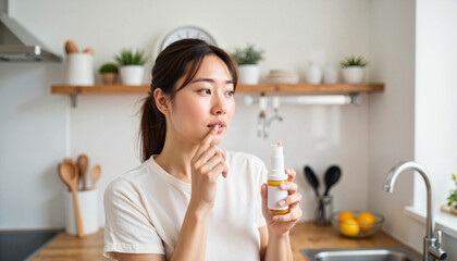 Young Asian woman contemplating antihistamines in modern kitchen, seasonal relief