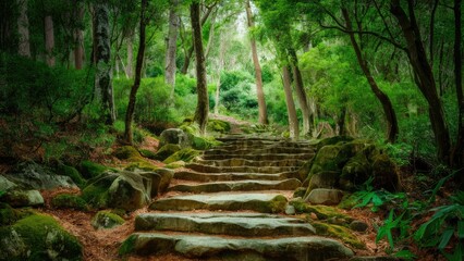 Ancient stone steps lead through a lush green forest with soft sunlight filtering through trees creating a tranquil natural pathway.