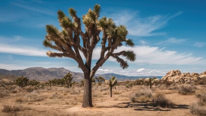 Stunning Joshua Tree silhouette against a clear blue sky with soft white clouds, standing tall in a desert landscape with distant mountains.