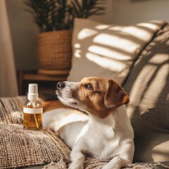 Fototapeta na wymiar Relaxing moments with a pet calming spray for a peaceful home environment