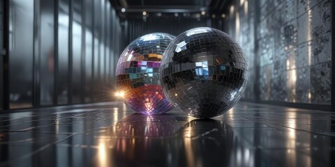 Glittering disco ball suspended above a shiny mirrored floor, disco party, disco ball, reflective surface