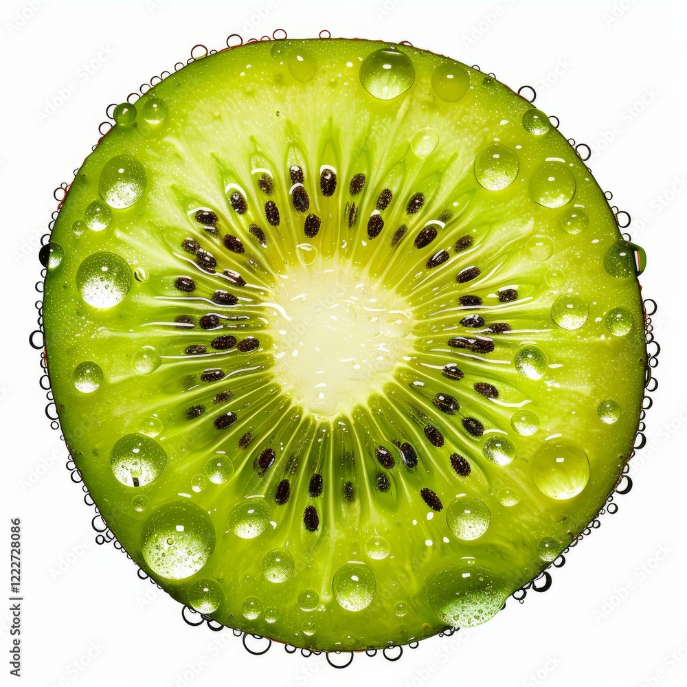 Poster close up of a juicy kiwi slice immersed in bubbly water, creating a refreshing visual