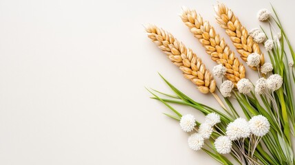 Wheat stalks and flowers on beige background; harvest, nature, design, autumn, decor