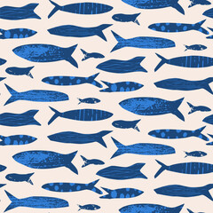 Obraz premium Fish seamless pattern. Sardines blue textured allover background. Coastal repeat cover. School of salmon continuous ornament. Surface pattern design seafood motif. Vector hand drawn illustration.