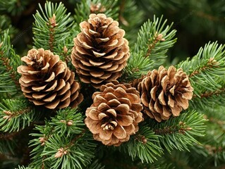 Fototapeta premium Close-up View of Natural Pine Cones Nestled Among Lush Green Needle-Like Leaves of Evergreen Trees in the Forest