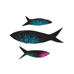 Fish textured set. Sardines school collection. Salmon silhouettes. Undersea animals. Vector hand drawn cutout collage elements illustration.