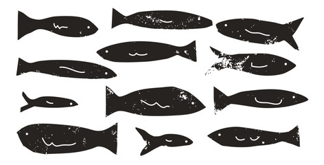 Fish set. Sardines school collection. Salmon silhouettes. Undersea animals. Vector hand drawn cutout collage elements illustration.