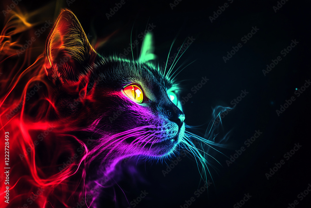 Aufkleber glowing neon cat with vibrant colors and intense expression on a dark background