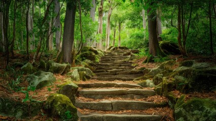Ancient stone steps lead through lush green forest with dappled sunlight filtering through tall trees creating a serene pathway 1
