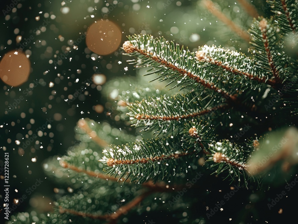 Aufkleber snowfall on evergreen branches in a serene winter wonderland with soft bokeh lights and gentle flurr