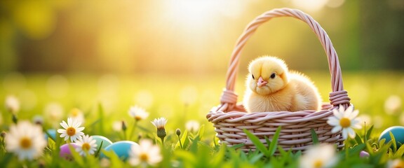 Fluffy yellow chick sitting in a pastel Easter basket surrounded by blooming flowers in a sunlit meadow, symbolizing spring joy.   Greeting card, banner or holiday poster for Happy Easter 