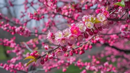 Obraz premium Spring blossoms in vibrant pink and white hues on a branch, set against a blurred green background, showcasing the beauty of nature in full bloom.