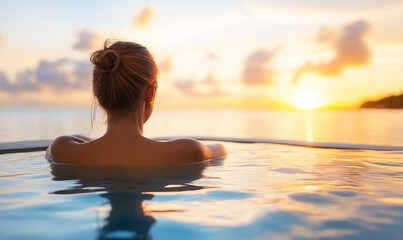 Fototapeta premium A woman relaxing in an infinity pool with a view of a tropical beach at sunset, shot from behind.