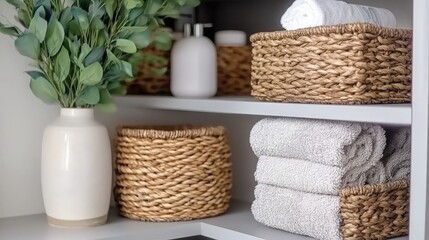 Fototapeta premium Soft focus reveals a stylish pastel blue bathroom cabinet, showcasing neatly arranged towels and wicker baskets in a tranquil atmosphere