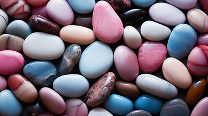 A collection of colorful, polished stones with smooth surfaces, varying in shades of pink, blue, white, and brown
