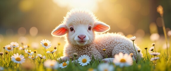 Fluffy baby sheep resting among blooming daisies in a sunny meadow, symbolizing spring joy and renewal. Greeting card, banner or for Spring Equinox or Happy Easter promotion